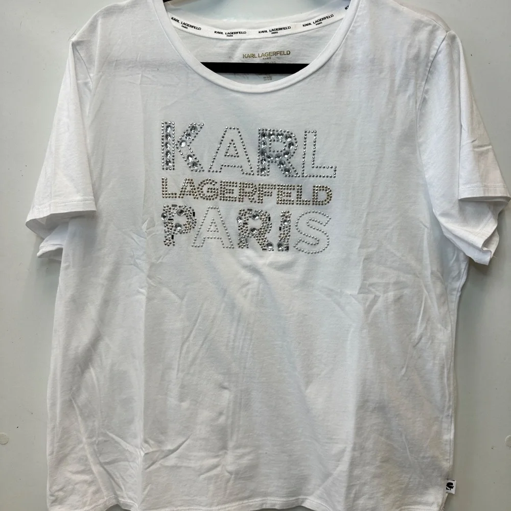 Karl Lagerfeld Paris White T-Shirt Women's Size XL Rhinestone Bling - Picture 4 of 12